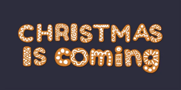 Kerstmis is komende concept met peperkoek cookies, bedekt met ijs-suikerstroop, geïsoleerd op wit. Kerst vakantie cookie brieven, cartoon vectorillustratie. Peperkoek Nieuwjaar en xmas cookie — Stockvector