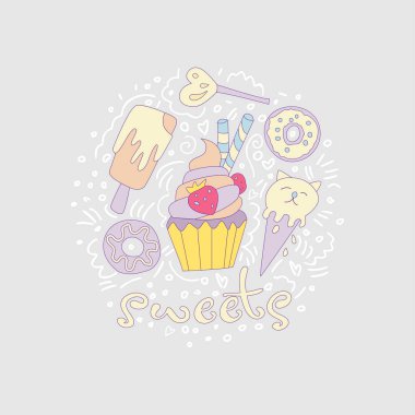 Tatlı eğlenceli renkli buzlanma ve çilek ile cupcake karikatür. Çörek, lolipop, dondurma ve eğri çizgiler dekorasyon unsurları ile karikatür cupcake simgesi. Renkli cupcake simge vektör.