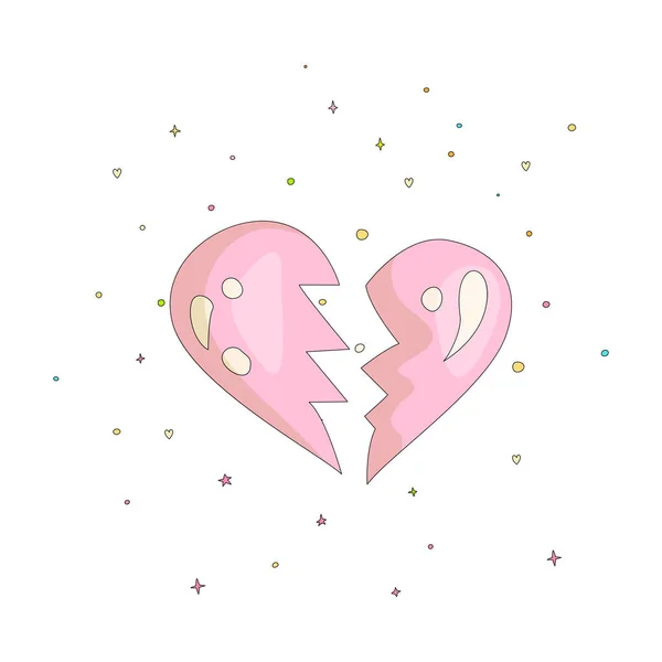 Pink simple broken heart icon. Fun cartoon broken heart with decoration elements on background. Simple broken heart cartoon icon, symbol of sad love. — Stock Vector