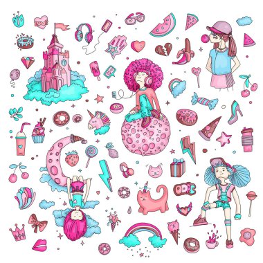 Genç kız simgeler, Sevimli çizgi teen nesneleri, set renkli çıkartmalar tasarlamak vektör genç kızlar kavram eğlenceli. Gençler için Ayarla simgesini doodle. Renkli el çekilmiş pizza, tek boynuzlu at, tatlılar.