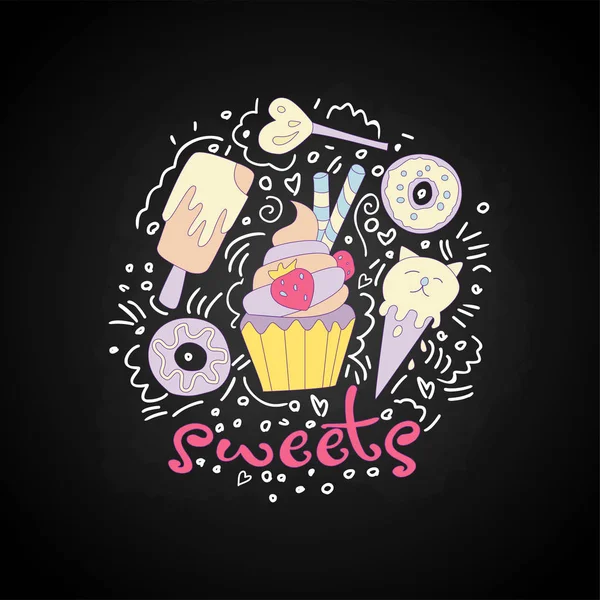 Süßen Spaß Cartoon Cupcake mit farbigem Zuckerguss und Erdbeere. Cartoon-Cupcake-Symbol mit Dekorationselementen wie Donut, Lutscher, Eis und geschwungenen Linien. farbige Cupcake Icon Vektor. — Stockvektor