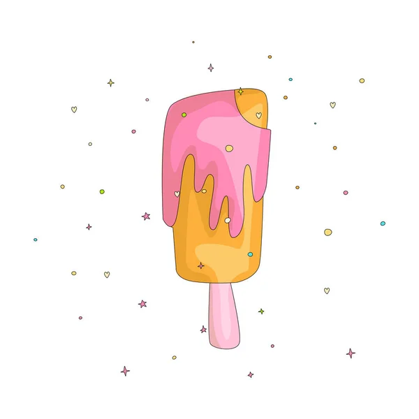 Schattig zoete gekleurde ice lolly met roze cartoon decoratie. Zwoele zomer ice lolly dessert. Gekleurde ijs cartoon icoon. Bevroren grappige oranje ijs creame. — Stockvector