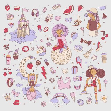 Genç kız simgeler, Sevimli çizgi teen nesneleri, set renkli çıkartmalar tasarlamak vektör genç kızlar kavram eğlenceli. Gençler için Ayarla simgesini doodle. Renkli el çekilmiş pizza, tek boynuzlu at, tatlılar