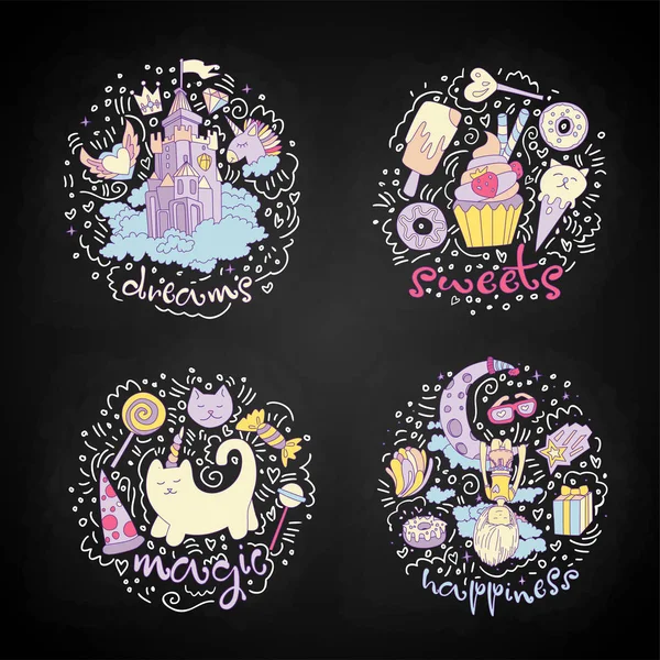 Colorato Set di icone per ragazze adolescenti, simpatici oggetti per adolescenti dei cartoni animati, divertenti adesivi vettore di design come castello magico, cupcake, unicorno di gatto e ragazza che sogna sulla luna. Icona Doodle con decorazione rotonda — Vettoriale Stock