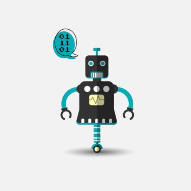 Gri zemin üzerinde düz stil izole edilmiş Retro vintage komik vektör robot simgesi. Düz chatbot ikonunun vektör vintage çizimi. Müşteri destek servisi sohbet robotu. Sevimli çizgi film retro robot simgesi