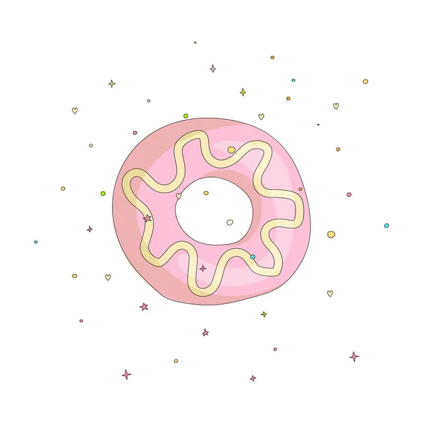 Doux beigne rose icône de dessin animé avec décoration colorée. Icône vectorielle dessin animé donut savoureux avec trou. Don rond rose doux avec décoration sur fond blanc . — Image vectorielle