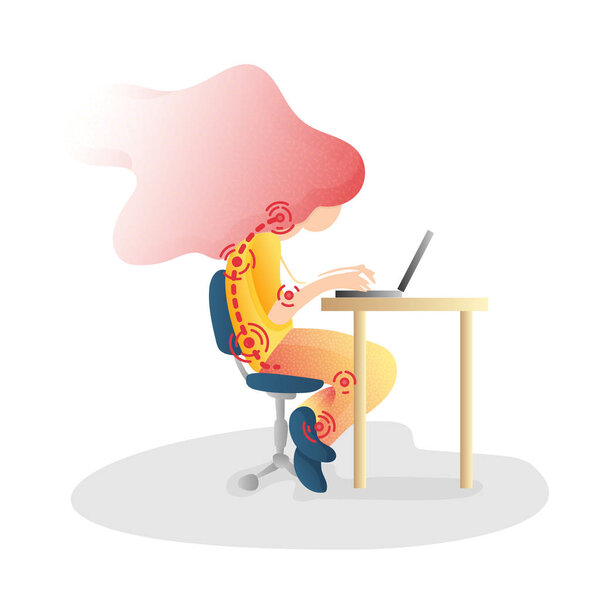 Ergonomic, wrong inorrect sitting Spine Posture. Healthy Back and Posture Correction illustration. Office Desk Posture. Curvature of Spine with Wrong Sitting, bad unhealthy Position when working at