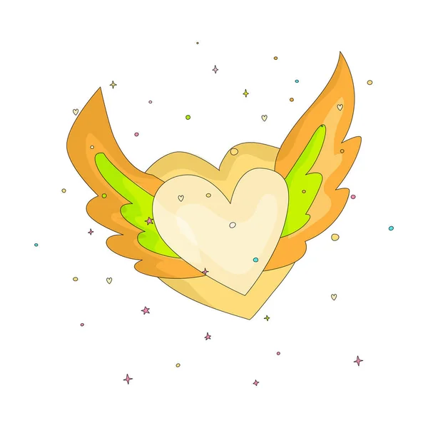 Coeur simple jaune avec icône ailes. Fun dessin animé coeur romantique avec des ailes et des éléments de décoration sur fond. Coeur simple avec des ailes icône de dessin animé, symbole de l'amour . — Image vectorielle