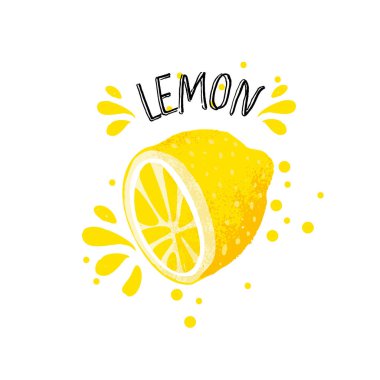 Vektör ele limon illüstrasyon çekin. Yarım limon suyu üzerinde izole beyaz arka plan su sıçramalarına. Dokulu sarı narenciye kroki, word Limon üstte ile Narenciye meyve suyu. Olgun taze limon meyve