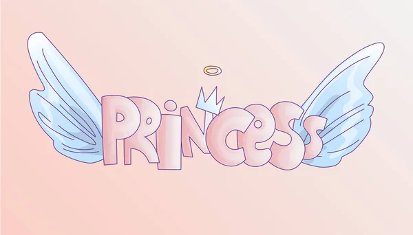 かわいい単語プリンセス ソフト パステル カラーの漫画プリンセス クラウンと天使の翼を持つ。羽つき姫ピンク クラウンと word の。青い天使の翼姫かわいい漫画のコンセプト — ストックベクタ