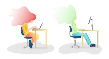 Ergonomik, yanlış ve doğru omurga duruş oturma. Sağlıklı sırt ve duruş düzeltme illüstrasyon. Ofis resepsiyon duruş. Yanlış oturmuş, iyi bilgisayar başında çalışırken pozisyon ile omurga eğriliği
