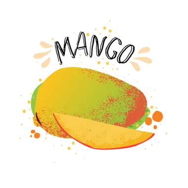 Vektör ele mango illüstrasyon çekin. Beyaz arka plan üzerinde sıçrama izole meyve suyu ile sarı olgun mango. Dokulu mango dilim ve su sıçramalarına, Word Mango üstünde tepe tropikal meyve suyu. Taze siluet
