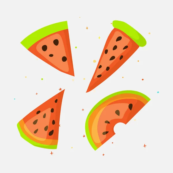 Süß eine Scheibe Wassermelone mit grüner Haut auf weißem Hintergrund Cartoon-Symbol gesetzt. Spaß Set Cartoon ein Stück Wassermelone Symbol. Set frischer süßer Wassermelonen-Cartoon-Ikone. — Stockvektor