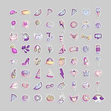 Şirin komik kız Genç simge kümesi, moda sevimli teen renkli ve satır gençler simgesi toplama Prenses simgeler - pizza, tek boynuzlu at, kedi, lolipop, meyve ve diğer yandan çizin. Sihirli eğlenceli şirin kızlar nesneleri