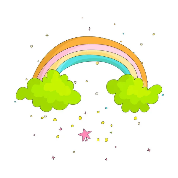 Schattige cartoon regenboog op twee groene wolken pictogram. Gekleurde grappige regenboog en twee wolken met decoratie op witte achtergrond. Cartoon groene wolken en sterren met gekleurde regenboog. — Stockvector