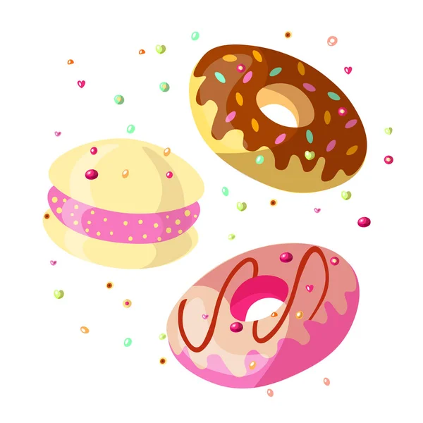 Conjunto de chocolate de dibujos animados dulces y fresa donut ilustración con esmalte en la parte superior. Colección de donuts dulces con chocolate y fresa aislados en blanco. Donut icono de dibujos animados — Archivo Imágenes Vectoriales