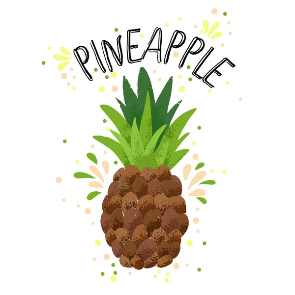 Vektor Hand zeichnen Ananas Illustration. gelber reifer Kiefernapfel mit Saftspritzer isoliert auf weißem Hintergrund. texturierte Ananas mit Spritzern, Saft tropische Früchte mit Wort Ananas an der Spitze — Stockvektor