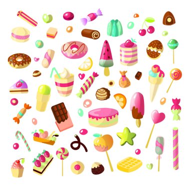Tatlı karikatür şeker ayarlayın. Sweets, karikatür tarzı topluluğu. Jöle, şeker, kek, tatlı çörek ve marmelade. Çizgi film büyük set doodle formu şeker ve tatlılar. Lolipop, pamuk, çörek ve çizgili