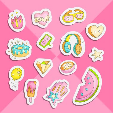 Etiketler renkli sevimli komik kız Genç ayarla, sevimli teen ve Prenses simgeler moda. Sihirli eğlenceli şirin kızlar obje - karpuz, çiçek, elmas, kulaklık ve diğer beraberlik simgesi yama toplama.