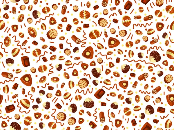 Vektor niedlichen Cartoon Schokolade Muster. niedlichen Schokoladenbonbons nahtlose Muster. Süßigkeiten, Schokoriegel, süße Desserts auf niedlichem Cartoon-Muster — Stockvektor