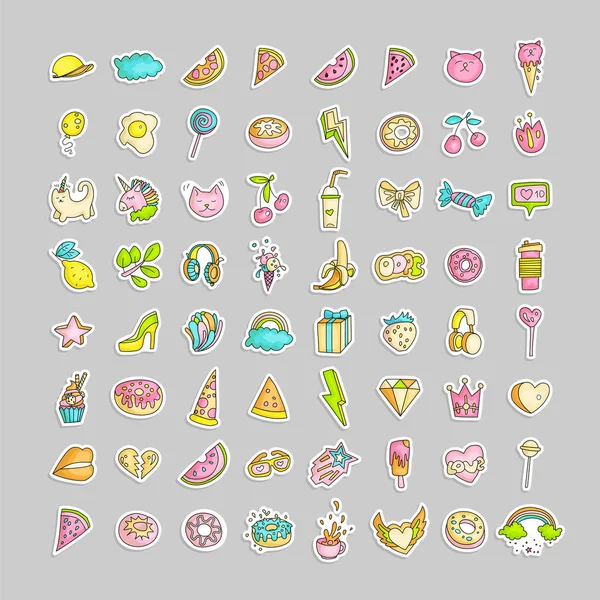 Leuke grappige meisje tiener gekleurde pictogram set, mode leuke tiener en prinses pictogrammen - pizza, Eenhoorn, kat, lolly, fruit en andere hand tekenen lijn tieners icoon collectie. Magic leuk leuke meisjes objecten — Stockvector