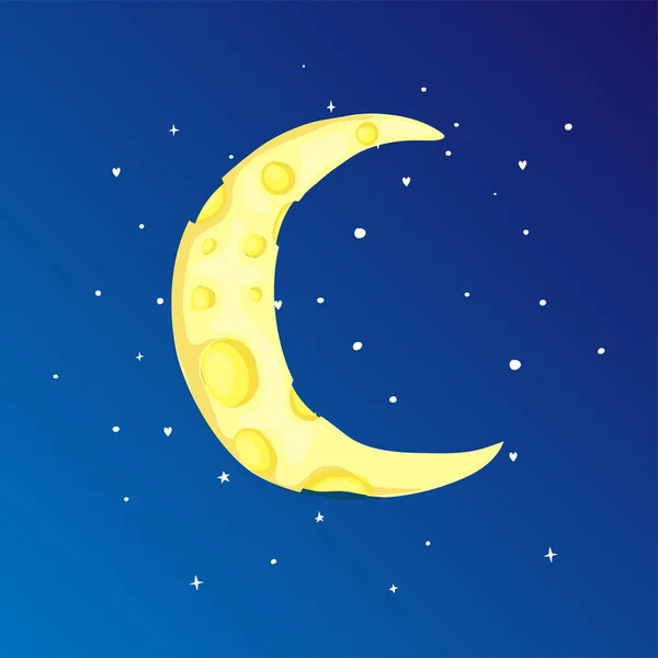 有趣的卡通黄色新月之间的星星图标。黄色的神奇月牙与装饰在蓝色背景。神奇的黄色新月在梦向量图标. — 图库矢量图片