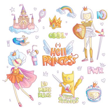 Cesur erkek fatma cehennem Prenses vektör karikatür ayarlayın. Prenses sihirli ve feminizm illüstrasyon, küçük genç kız, prenses süper kahraman ve savaşçı, cesur kız illüstrasyon - kale, taç, kedi, kılıç, kalkan