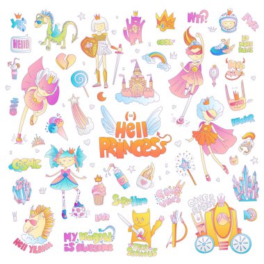 Cesur erkek fatma cehennem Prenses vektör karikatür ayarlayın. Prenses sihirli ve feminizm illüstrasyon, küçük genç kız, prenses süper kahraman ve savaşçı, cesur kız illüstrasyon. Feminizm prensesler koleksiyonu -