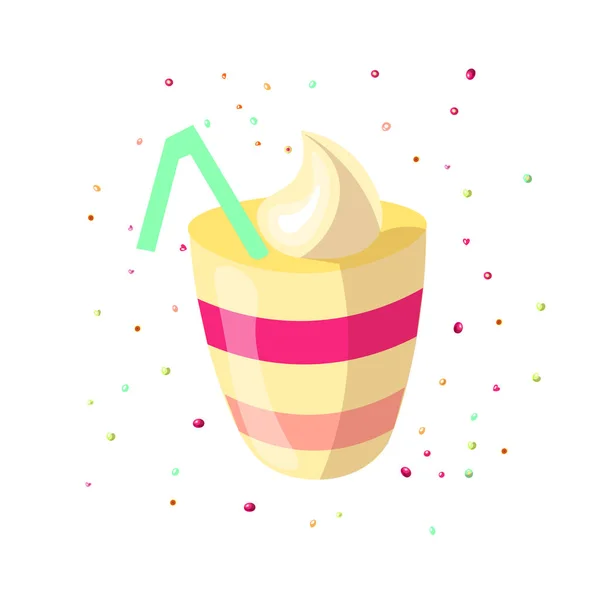 Lindo vector ilustración de dibujos animados de cóctel cremoso dulce con paja y espuma de crema. Taza de dibujos animados con cóctel dulce y parte superior cremosa — Vector de stock