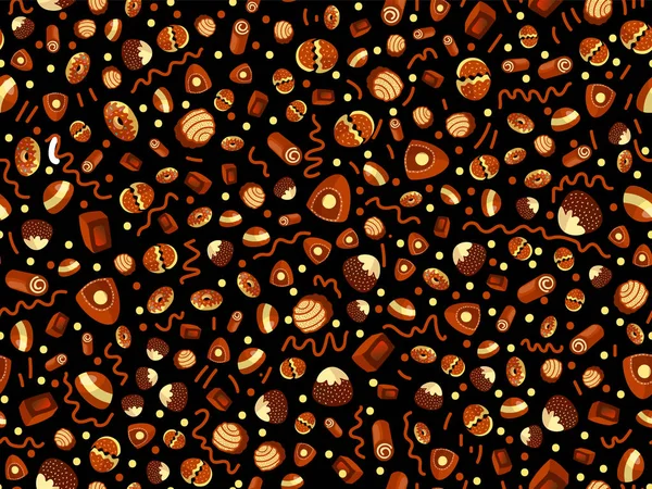 Vector lindo patrón de caramelos de chocolate de dibujos animados. Lindo caramelos de chocolate patrón sin costura. Caramelo, barra de chocolate, postres dulces en patrón de dibujos animados lindo — Vector de stock