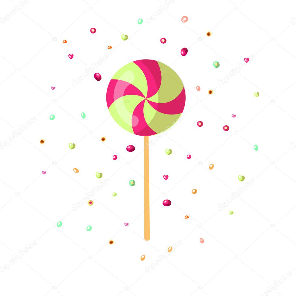 Cute cartoon sweet lollipop icon. Cute colored cartoon lolly icon round form isolated on white background. Sweet caramel and sugar lolipop icon with decoration. Lollipop icon isolated