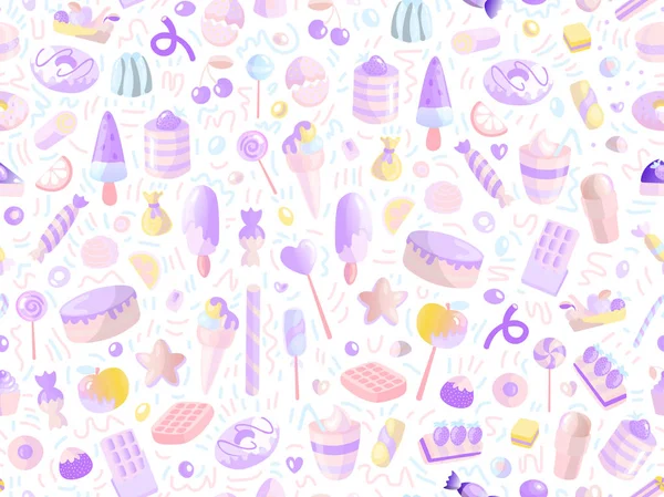 Симпатичный безморщинистый узор с разноцветными сладостями, пирогами, лепешками. Мультфильм без печати узор со свежим и сладким десертом. Забавный красочный сладкий узор со свечой, мороженым, круглыми лепестками. Конфеты — стоковый вектор