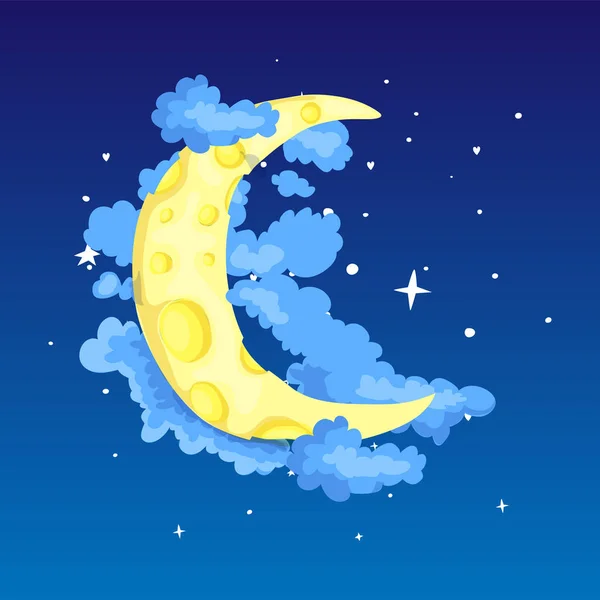 Divertida luna creciente amarilla de dibujos animados entre las estrellas y las nubes icono. Luna creciente mágica amarilla con decoración sobre fondo azul. Luna creciente amarilla mágica en sueños vector icono . — Archivo Imágenes Vectoriales