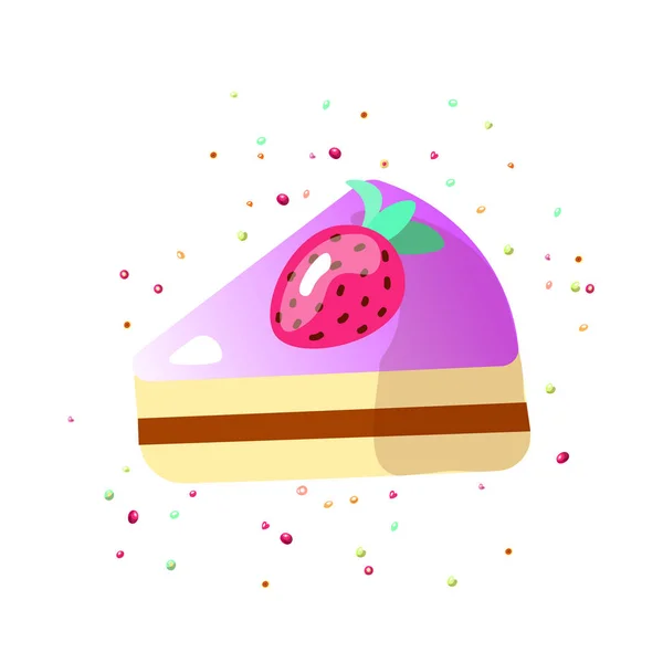 Niedlichen Karikatur süßen Kuchen Vektor Illustration. bunte Kuchen-Symbol mit Erdbeere auf der Oberseite und Streusel. süße Cartoon runde Torte — Stockvektor