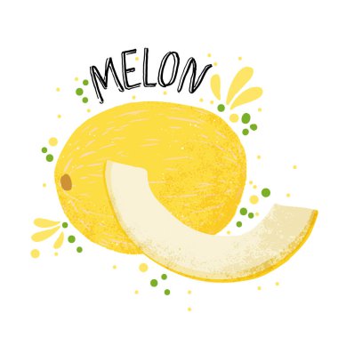 Vektör ele kavun illüstrasyon çekin. Beyaz arka plan üzerinde sıçrama izole meyve suyu ile sarı Olgun kavun. Dokulu menons dilim ve su sıçramalarına, Word kavun üstünde tepe tropikal meyve suyu. Taze siluet