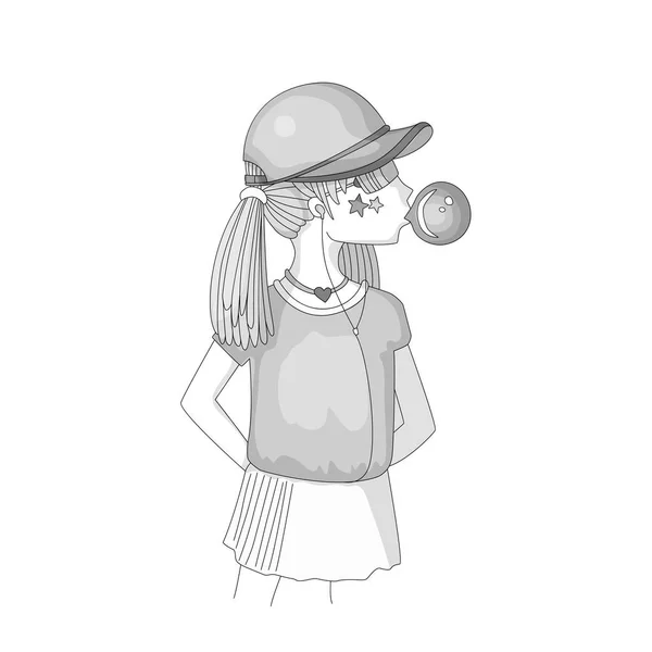 Menina adolescente incolor em um boné de beisebol com fones de ouvido soprando bubblegum. Grayscale menina vetor desenho animado mão desenho ilustração. Adolescente, menina rebelde ilustração. Pré adolescente rebelde grl — Vetor de Stock