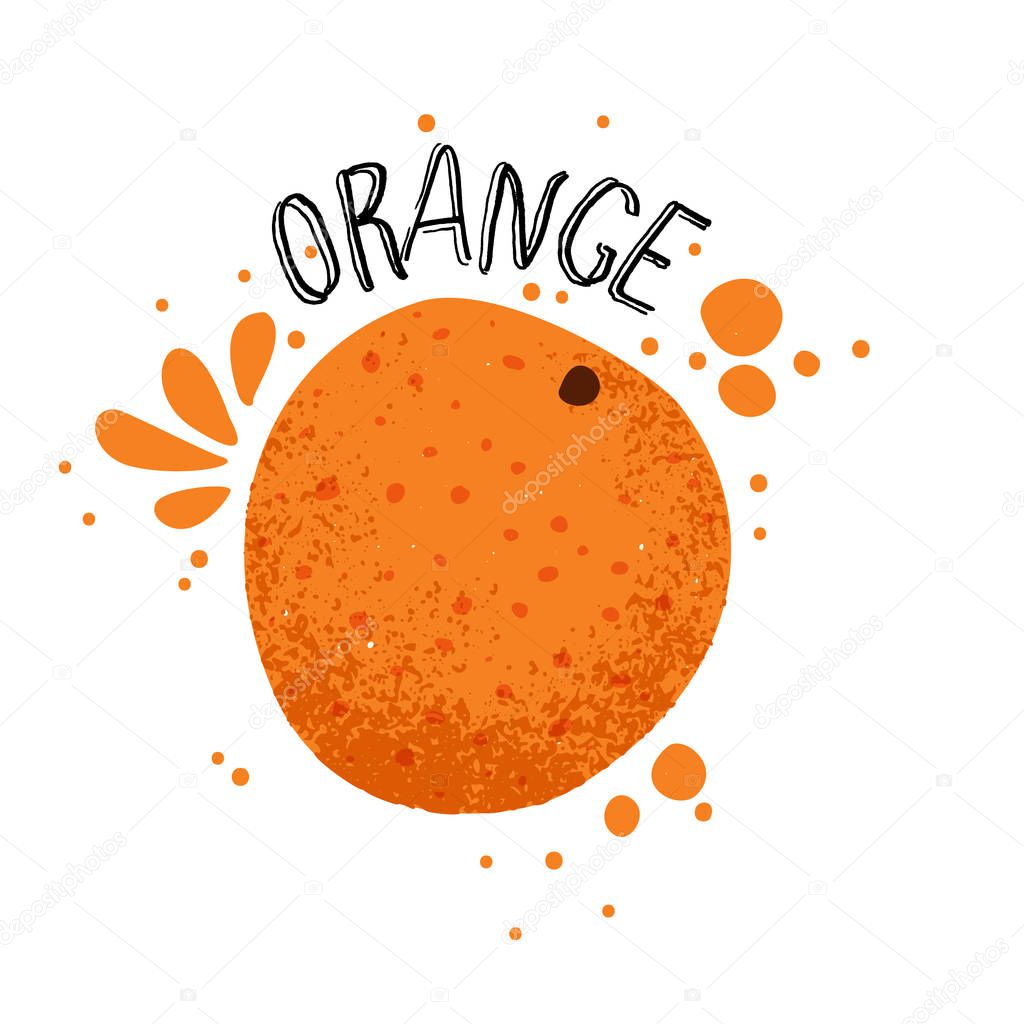 Vector hand draw orange illustration. Slice of orange with juice splashes isolated on white background. Textured orange citrus sketch, juice citrus fruit with word Orange on top. Fresh ripe mandarin