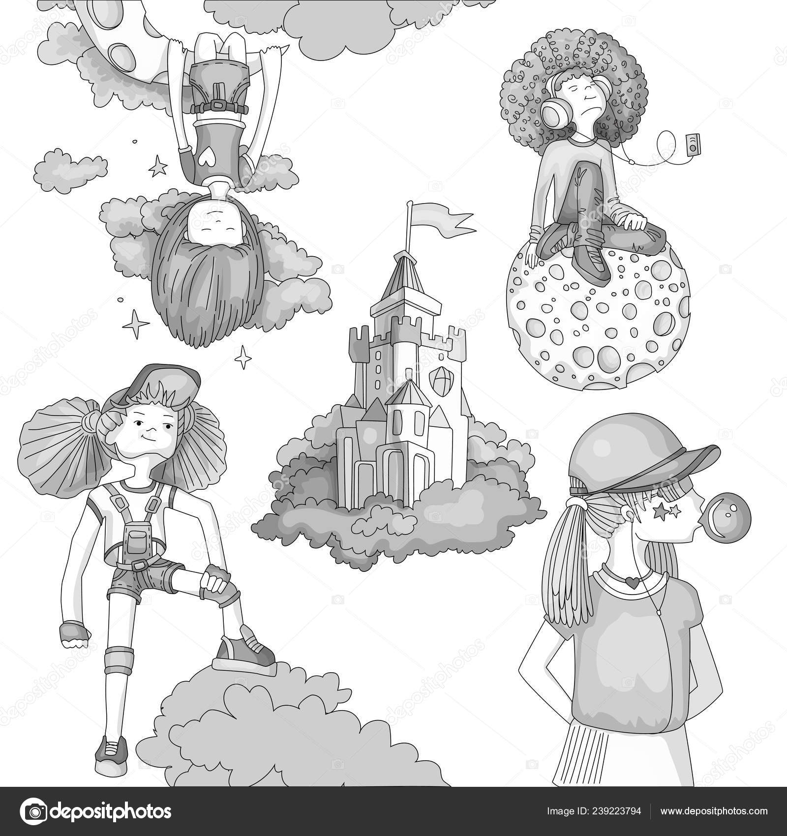 Grayscale Set Of Teenage Girl Icons Cute Cartoon Teen Objects