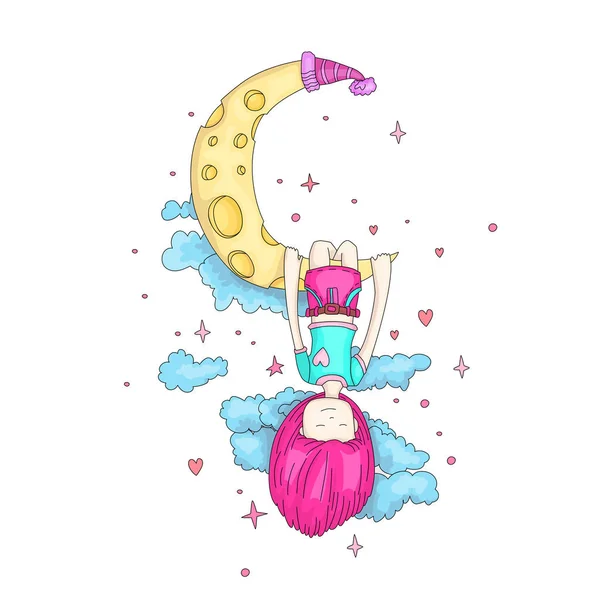 A little girl sleeping and dreaming, hanging on a crescent moon among the stars and clouds. Little girl dreaming on the moon. Dreaming little girl vector cartoon hand draw illustration