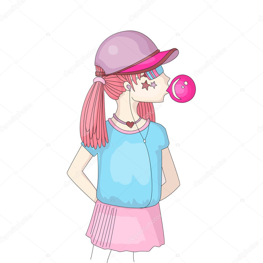 Young teen girl in a baseball cap with headphones blowing bubblegum. Little girl vector cartoon hand draw illustration. Teenage girl in bright colors, rebel girl illustration. Pre teen rebel grl