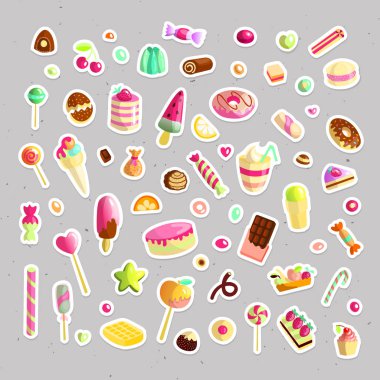 Tatlı karikatür şeker ayarlayın. Sweets, karikatür tarzı topluluğu. Jöle, şeker, kek, tatlı çörek ve marmelade. Çizgi film büyük set doodle formu şeker ve tatlılar. Lolipop, pamuk, çörek ve çizgili
