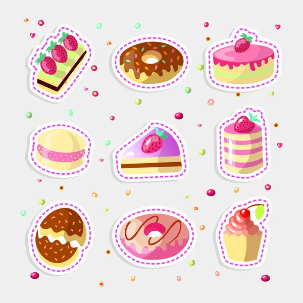 Conjunto de dibujos animados dulces pasteles y rosquillas, ilustración vectorial. Colorida colección de iconos de la torta con fresa en la parte superior y donas, esmalte rosa. Bonitos pasteles de dibujos animados esmaltados y dulces con chocolate — Vector de stock