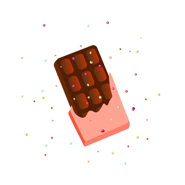 Sweet dark brown chocolate cartoon vector icon in chocolate wrapping with sprinkles. Cartoon chocolate icon, chocolate bar cartoon icon isolated on white — Stockový vektor