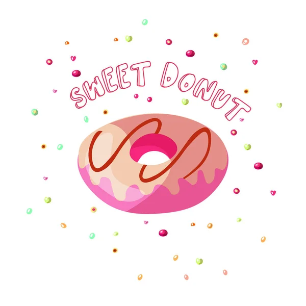 Sweet cartoon chocolate and strawberry donut illustration with glaze on top. Sweets doughnut with chocolate and strawberry isolated on white. Donut cartoon icon — Wektor stockowy