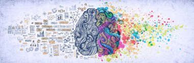 Şu insan beyni kavramı, dokulu illüstrasyon yaptı. İnsan beyni, emotial ve mantık parçaları kavramı sosyal ve iş ile yaratıcı sol ve sağ bölümü doodle sol tarafında ve sanat çizimi