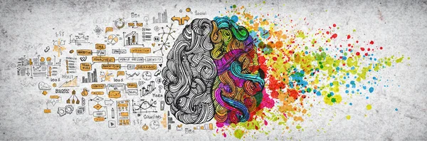 Αριστερά δεξιά ανθρώπινος εγκέφαλος έννοια, ανάγλυφη εικόνα. Δημιουργική αριστερό και το δεξί μέρος του ανθρώπινου εγκεφάλου, emotial και λογική ιδέα μέρη με κοινωνικές και επαγγελματικές doodle εικονογράφηση της αριστερή πλευρά, και της τέχνης — Φωτογραφία Αρχείου