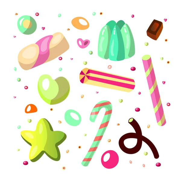 Doux jeu de bonbons de dessin animé. Collection de bonbons, style dessin animé. Gelée, bonbons, gâteaux, beigne sucré et marmelade. Enorme ensemble de bonbons et de bonbons sous forme de doodle de dessin animé. Sucette, coton, beignet et rayures — Image vectorielle