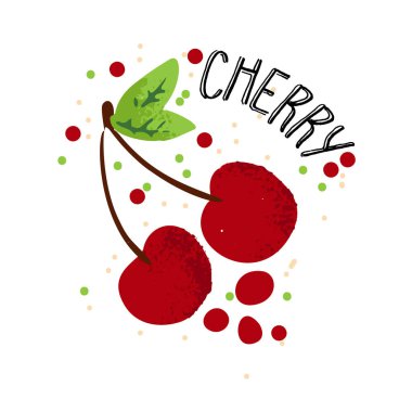 Vektör el kiraz şekil çizin. Kırmızı Kiraz suyu beyaz arka plan üzerinde sıçrama izole. Suyu tropikal berry üst kiraz kelime ile dokulu kiraz sıçramalarına ile. Taze siluet meyve