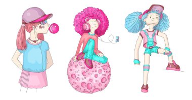 Genç kız simgeler, Sevimli çizgi teen nesneleri, set renkli çıkartmalar tasarlamak vektör genç kızlar kavram eğlenceli. Gençler için Ayarla simgesini doodle. Genç kız simgeler kümesi renkli el çekilmiş