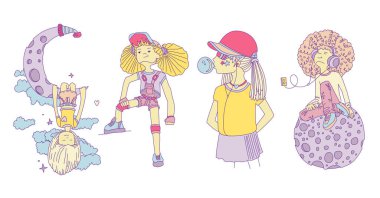 Genç kız simgeler, Sevimli çizgi teen nesneleri, set renkli çıkartmalar tasarlamak vektör genç kızlar kavram eğlenceli. Gençler için Ayarla simgesini doodle. Genç kız simgeler kümesi renkli el çekilmiş